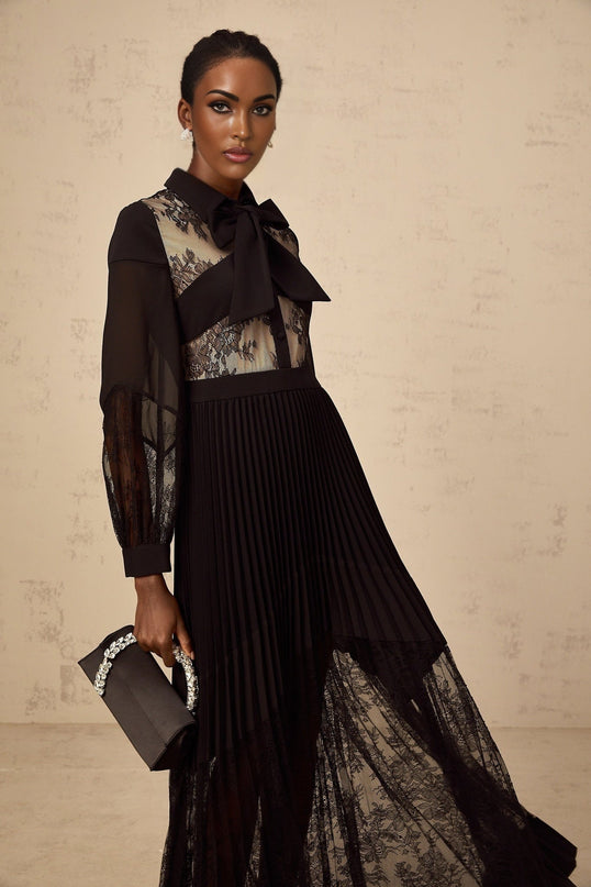 Chloe Black Maxi Dress with Ribbon Tie-Neck and Floral-Lace Panelling