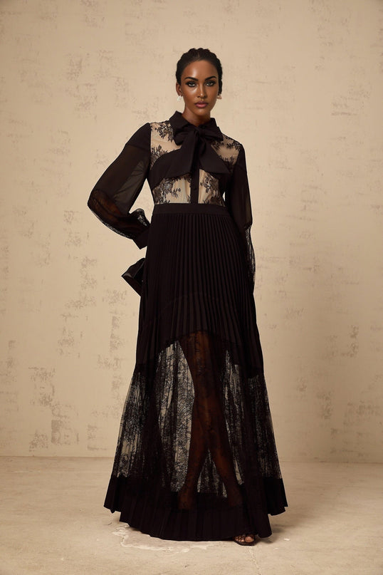 Chloe Black Maxi Dress with Ribbon Tie-Neck and Floral-Lace Panelling