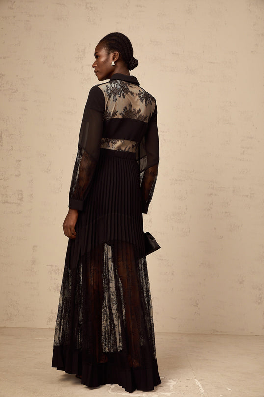 Chloe Black Maxi Dress with Ribbon Tie-Neck and Floral-Lace Panelling