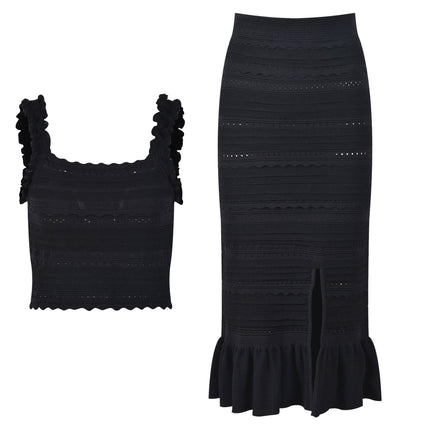 Chloe Black Textured Fitted Dress with Ruffled Details and Cut-Out Slit