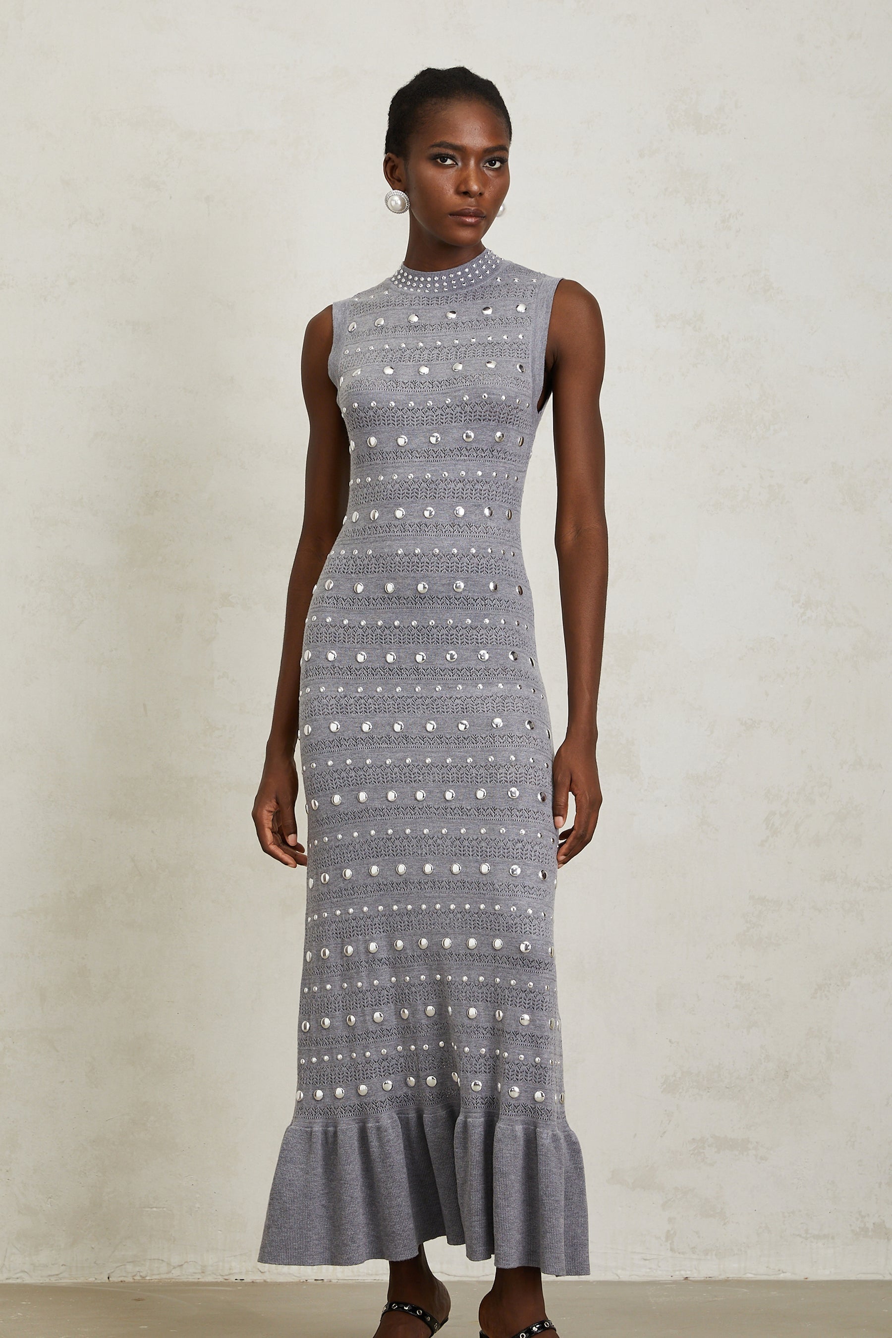 Chloé Grey Studded Crochet Knit Maxi Dress