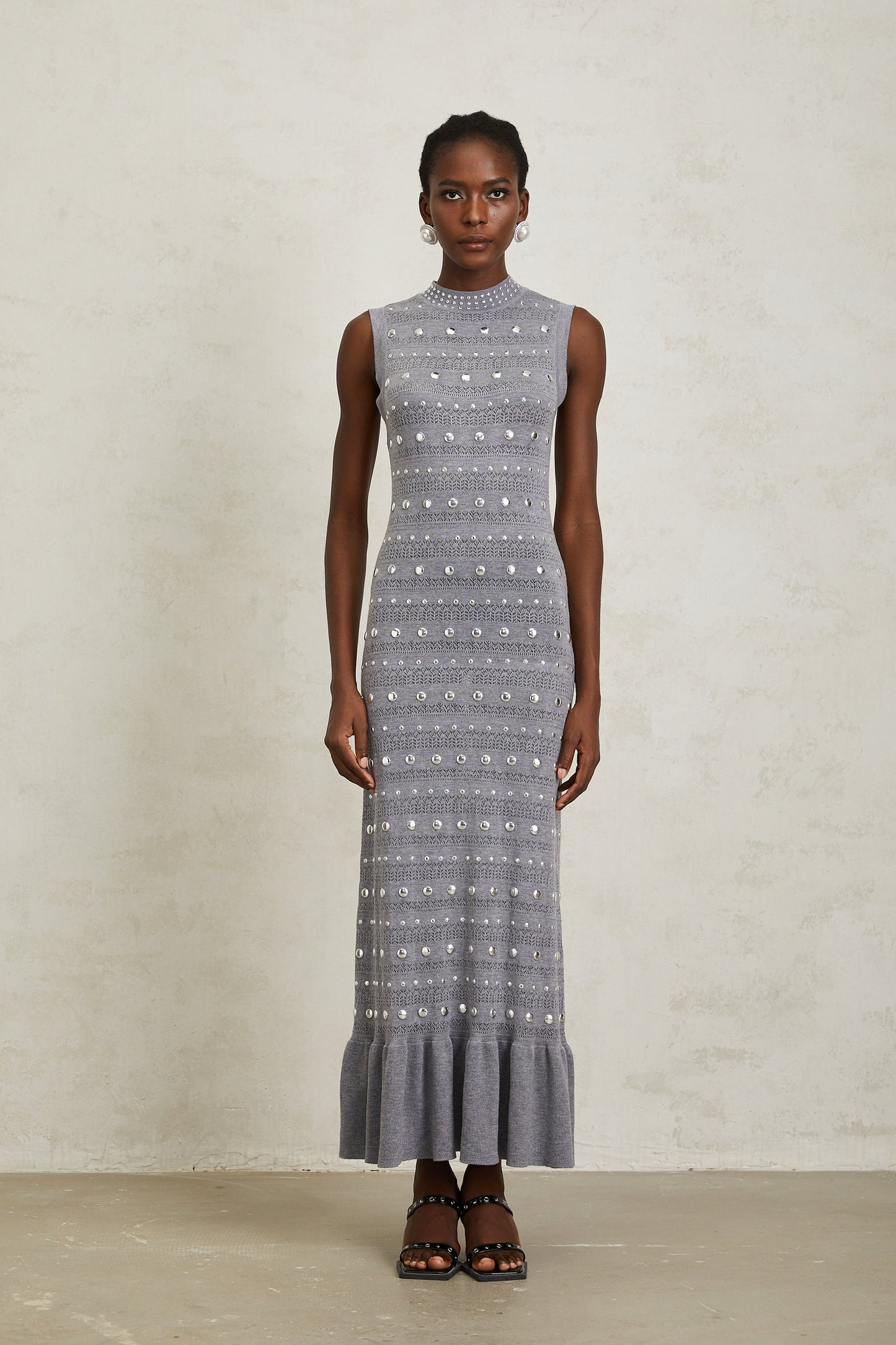 Chloé Grey Studded Crochet Knit Maxi Dress