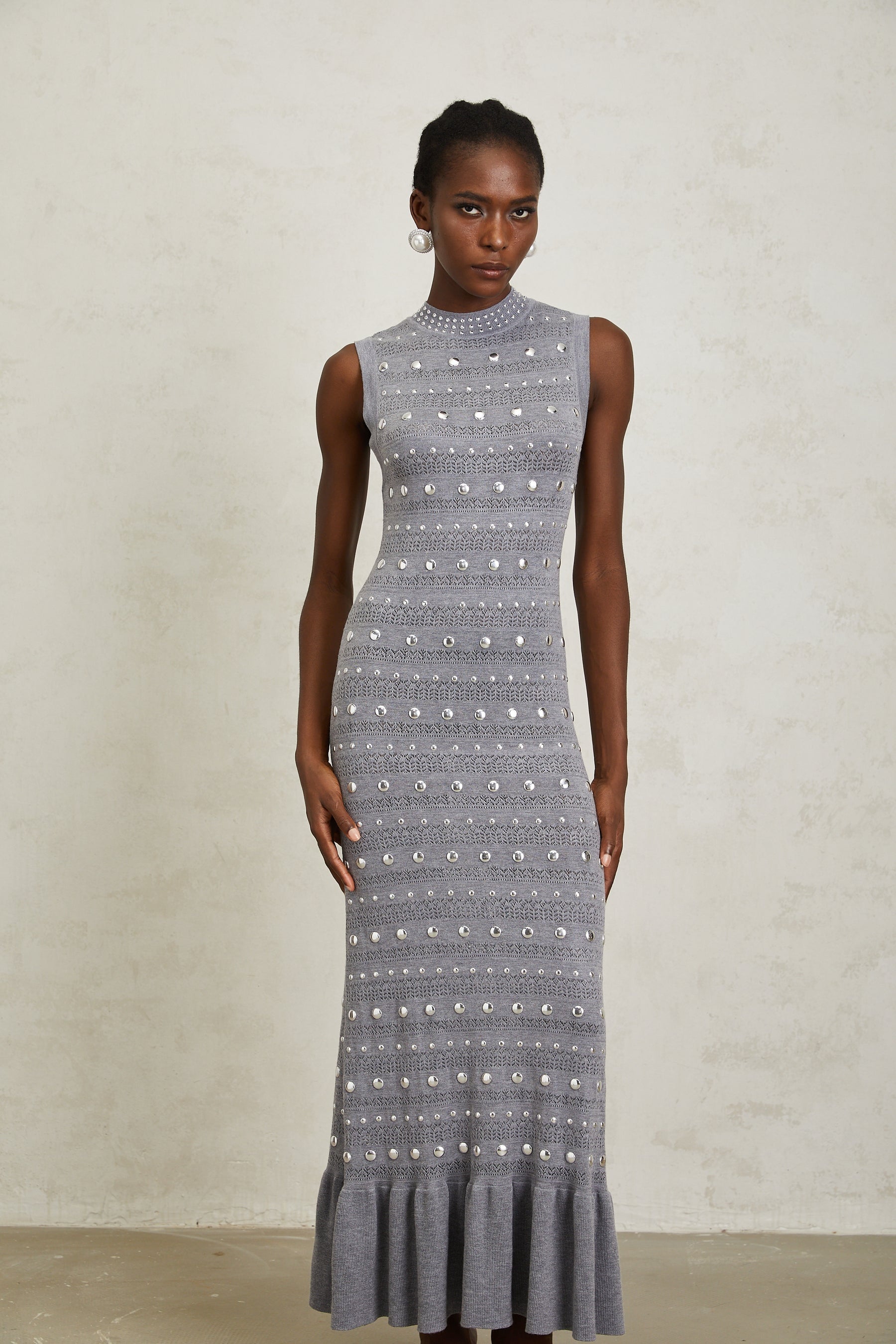Chloé Grey Studded Crochet Knit Maxi Dress
