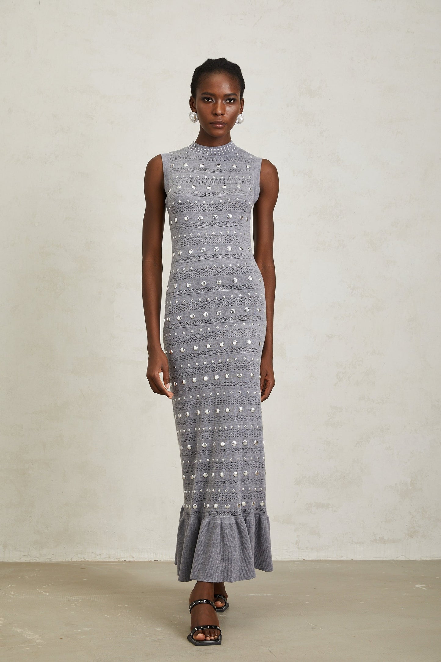 Chloé Grey Studded Crochet Knit Maxi Dress