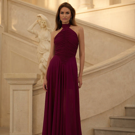 Chloe Maxi Dress in Purple Wine Chiffon Halter Neck Ruched Open Back Flared Bottom Tulle Elegant Glamour Gala Soiree