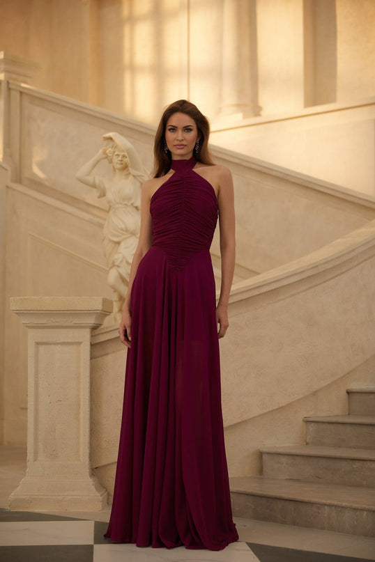 Chloe Maxi Dress in Purple Wine Chiffon Halter Neck Ruched Open Back Flared Bottom Tulle Elegant Glamour Gala Soiree