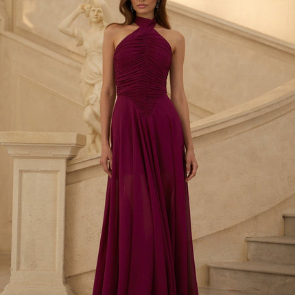 Chloe Purple Maxi Dress Halter Neck Ruched Detailing Open Back Flared Bottom Regal Wine Glamour Tulle Soiree