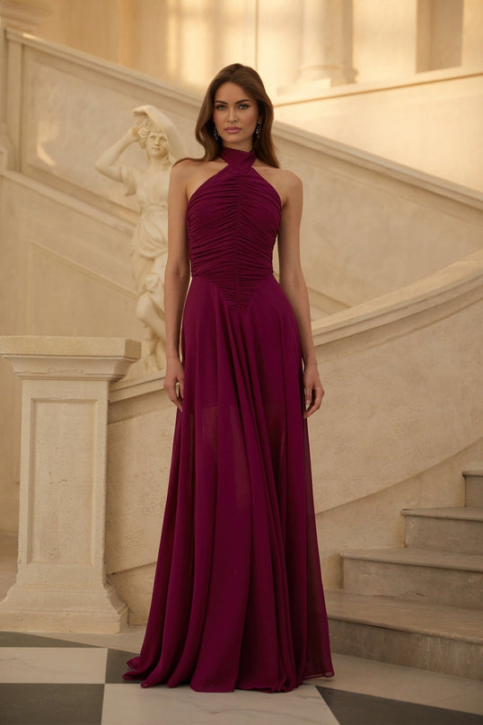 Chloe Purple Maxi Dress Halter Neck Ruched Detailing Open Back Flared Bottom Regal Wine Glamour Tulle Soiree