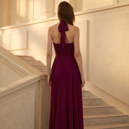 Chloe Purple Maxi Dress Halter Neck Ruched Detailing Open Back Flared Bottom Chiffon Elegant Glamour Soiree Gala Tulle Enchanting Creation