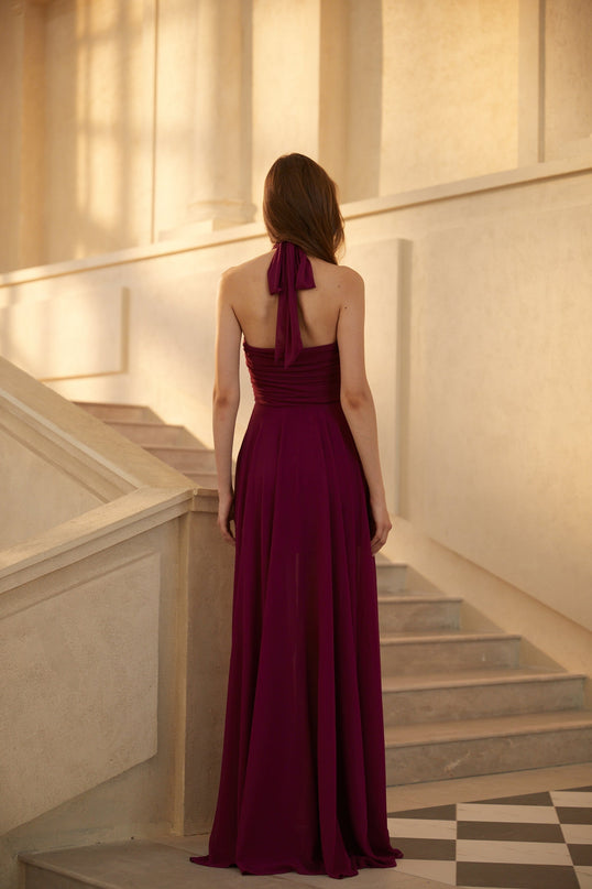 Chloe Purple Maxi Dress Halter Neck Ruched Detailing Open Back Flared Bottom Chiffon Elegant Glamour Soiree Gala Tulle Enchanting Creation