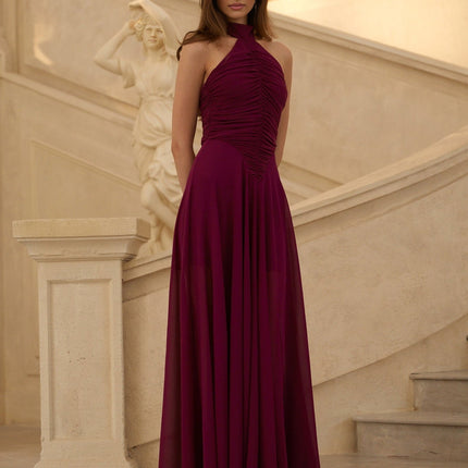 Chloe Purple Maxi Dress Halter Neck Ruched Detailing Open Back Flared Bottom Regal Wine Hue Tulle Glamour