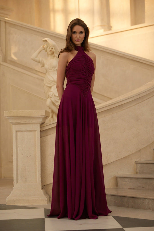 Chloe Purple Maxi Dress Halter Neck Ruched Detailing Open Back Flared Bottom Regal Wine Hue Tulle Glamour