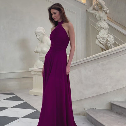 Chloe Purple Maxi Dress Halter Neck Ruched Detail Open Back Flared Bottom Chiffon Elegant Glamour