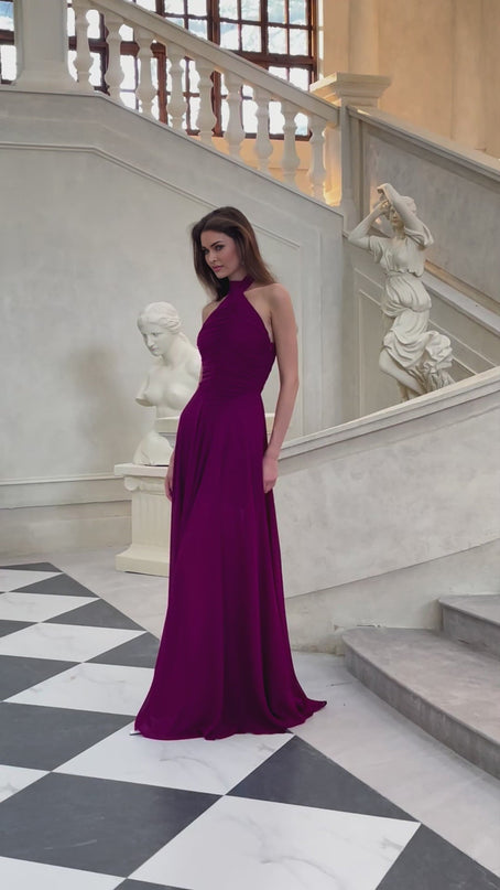 Chloe Purple Maxi Dress Halter Neck Ruched Detail Open Back Flared Bottom Chiffon Elegant Glamour