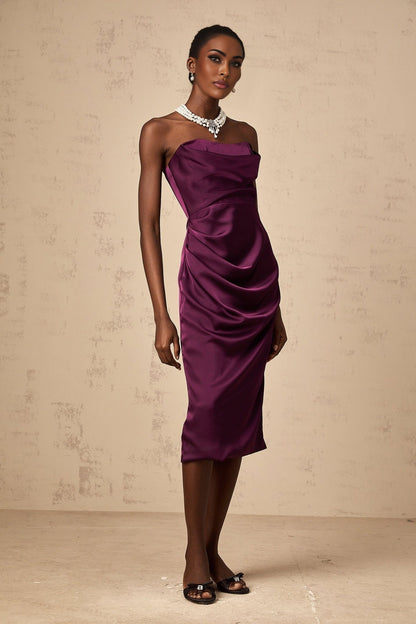 Chloé purple midi dress with ruched satin fabric and elegant silhouette