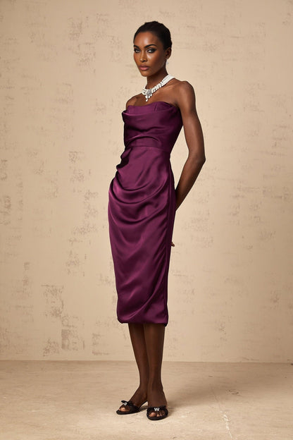 Chloé purple midi dress with ruched satin fabric and feminine silhouette