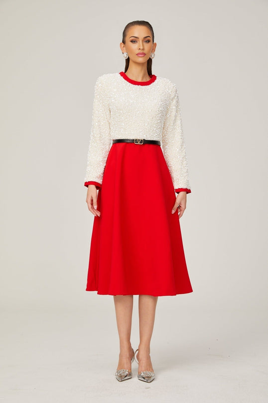 Chloé red longsleeve sequined patchwork midi dress