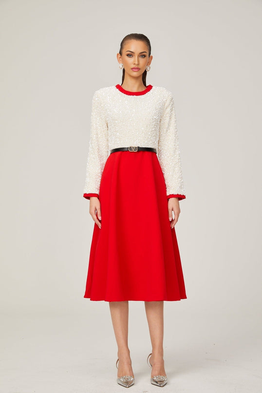 Chloé red longsleeve sequined patchwork midi dress