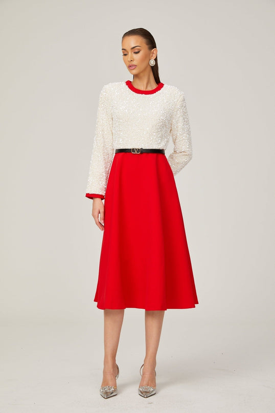 Chloé red longsleeve sequined patchwork midi dress