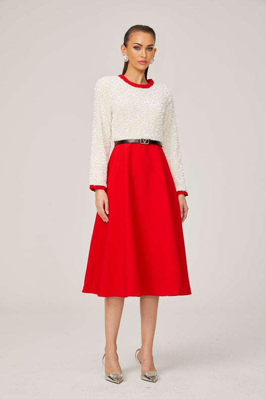 Chloé red longsleeve sequined patchwork midi dress