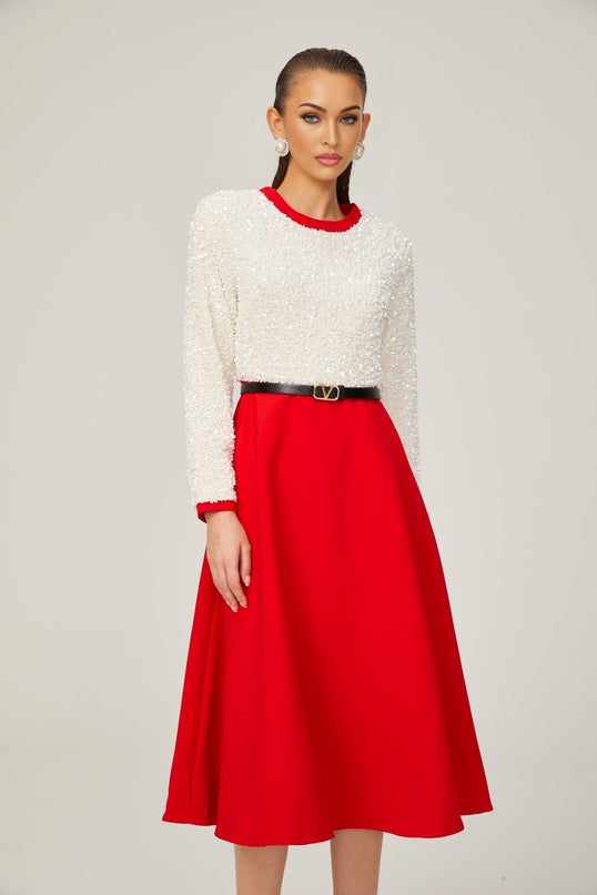Chloé red longsleeve sequined patchwork midi dress