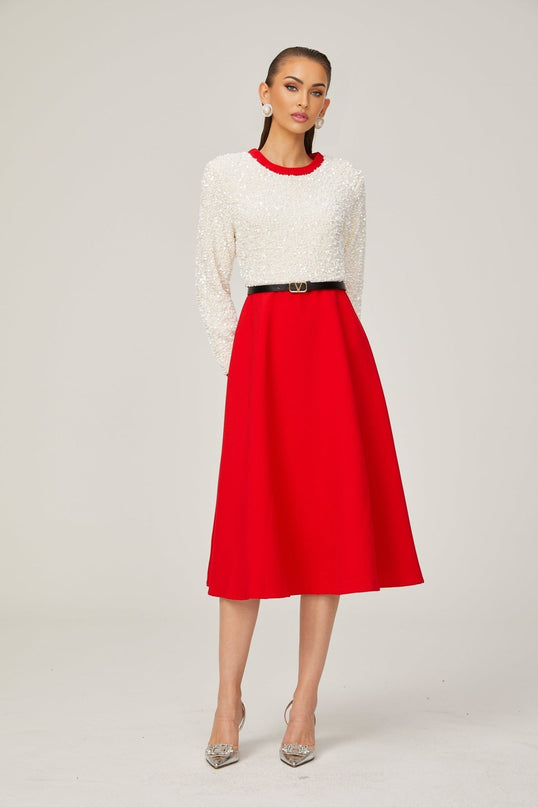 Chloé red longsleeve sequined patchwork midi dress