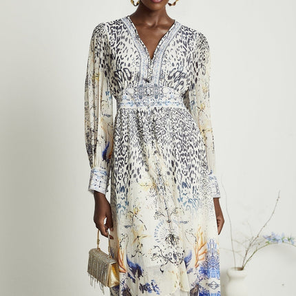 Chloe White Floral Maxi Dress V-neck Ruffled Hem Long Sleeves Double Ruffle Hem
