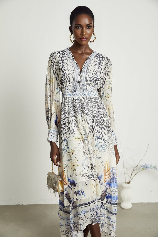 Chloe White Floral Maxi Dress V-neck Ruffled Hem Long Sleeves Double Ruffle Hem