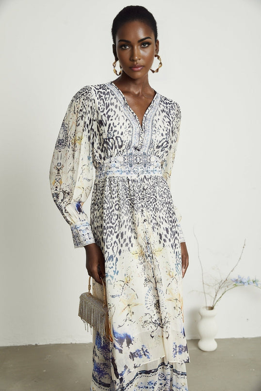 Chloe White Floral Maxi Dress with Plunging V-neck and Ruffled Hem