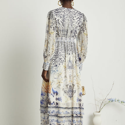 Chloe White Floral Maxi Dress with V-neck and ruffled hem in Terylene and Rayon blend