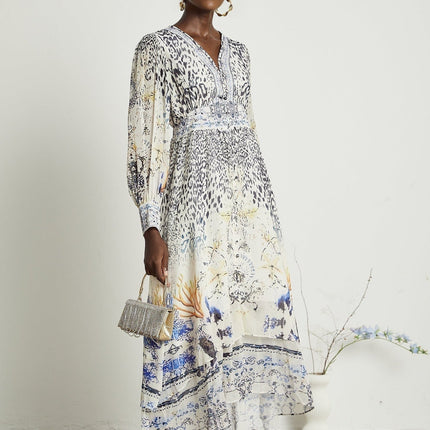 Chloe White Floral Maxi Dress with V-neck and ruffled hem