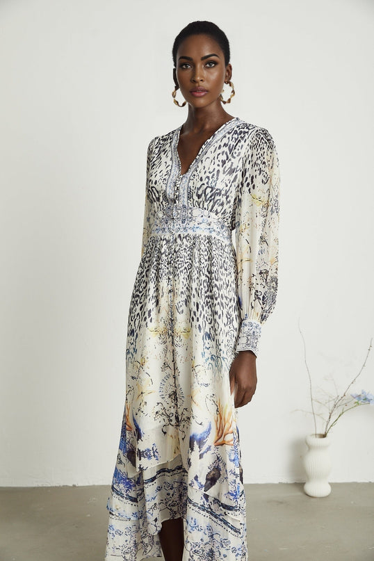 Chloe White Floral Maxi Dress with V-neck and Ruffled Hem in Terylene and Rayon
