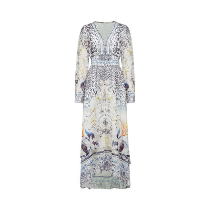 Chloe White Floral Maxi Dress with V-neck and ruffled hem