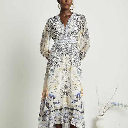 Chloe White Floral Maxi Dress with V-Neck and Ruffled Hem