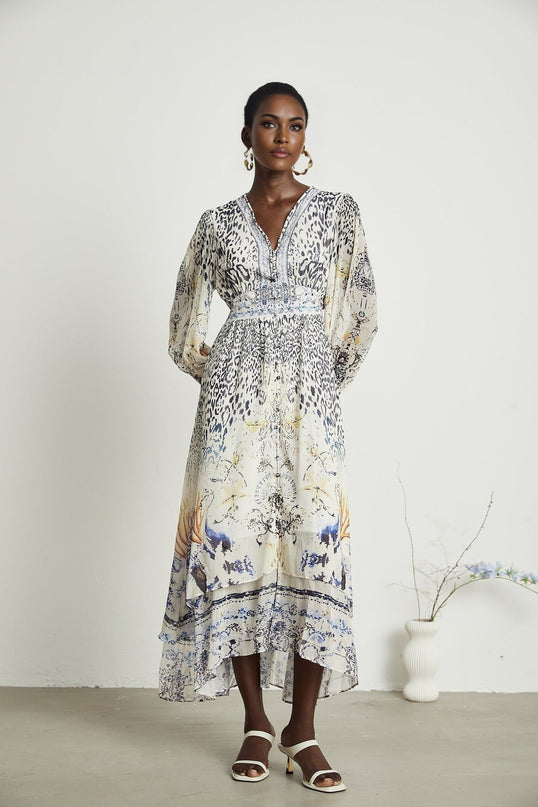 Chloe White Floral Maxi Dress with V-Neck and Ruffled Hem