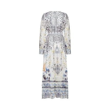 Chloe White Floral Maxi Dress with V-neck and ruffled hem in Terylene and Rayon blend