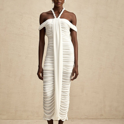 Chloe White Midi Dress with Off-the-Shoulder Detailing and Braided Rope Accents