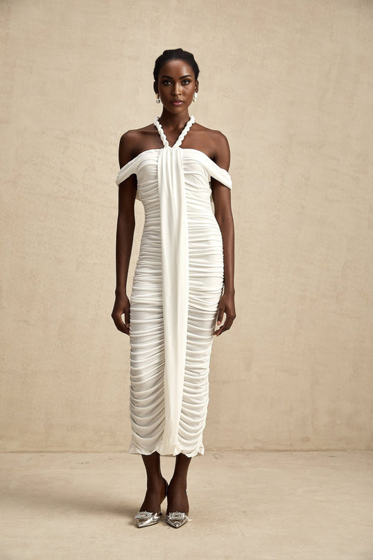Chloe White Midi Dress with Off-the-Shoulder Detailing and Braided Rope Accents