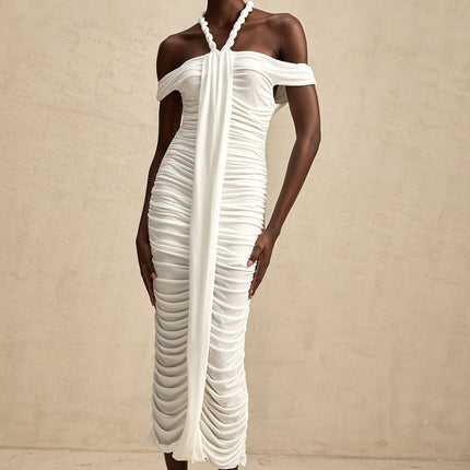 Chloe White Midi Dress with Off-the-Shoulder Allure and Braided Rope Detailing