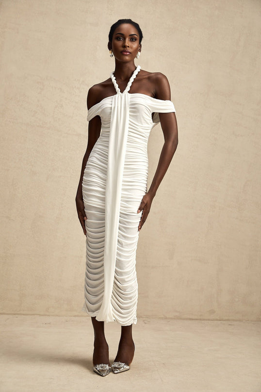 Chloe White Midi Dress with Off-the-Shoulder Allure and Braided Rope Detailing
