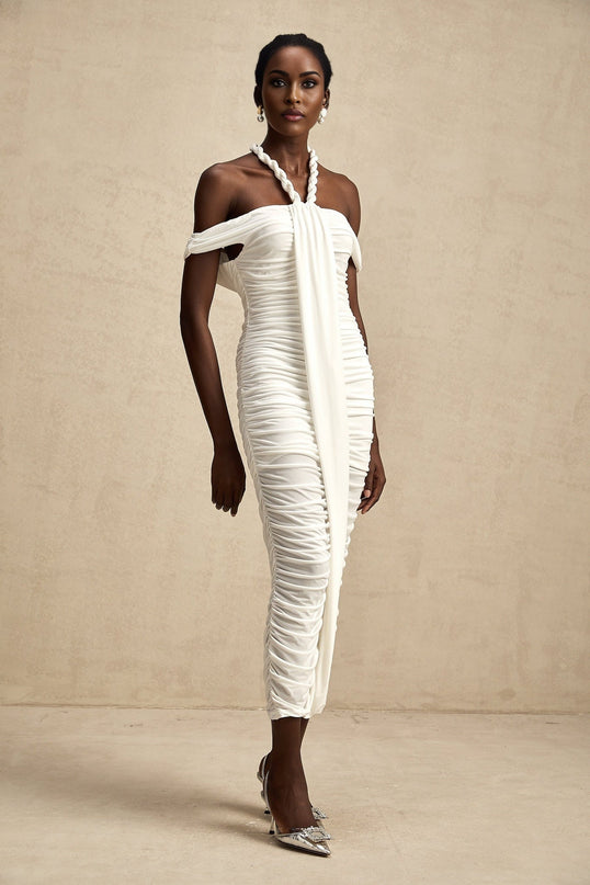 Chloe White Midi Dress with Off-the-Shoulder Allure and Braided Rope Detailing