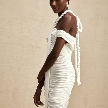 Chloe White Midi Dress with Off-the-Shoulder Allure and Ruched Detailing