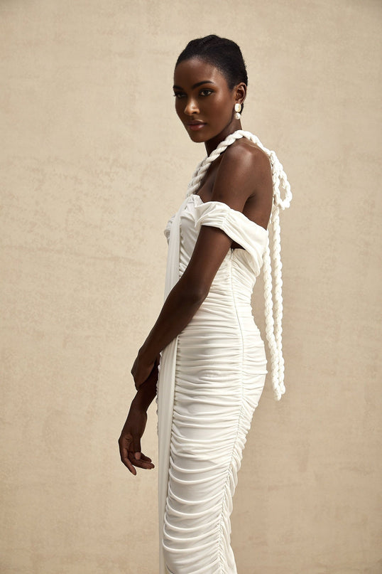 Chloe White Midi Dress with Off-the-Shoulder Allure and Ruched Detailing