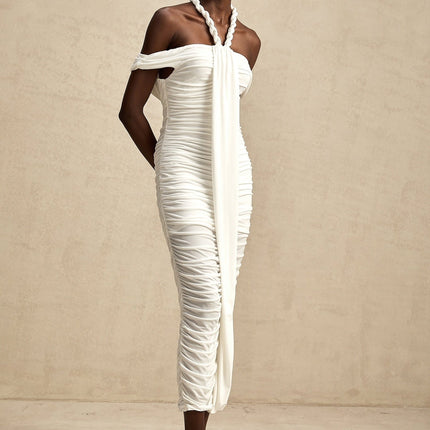 Chloe White Midi Dress with Off-the-Shoulder Allure and Braided Rope Detailing