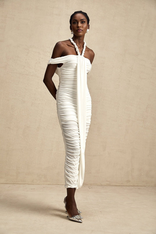 Chloe White Midi Dress with Off-the-Shoulder Allure and Braided Rope Detailing