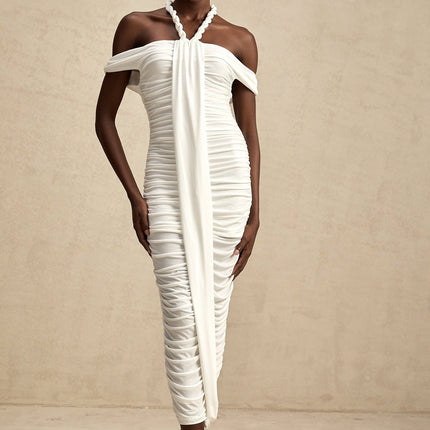 Chloe White Midi Dress with Off-the-Shoulder Allure and Braided Rope Detailing