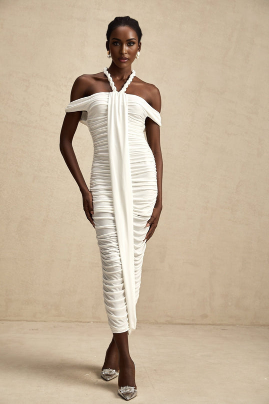 Chloe White Midi Dress with Off-the-Shoulder Allure and Braided Rope Detailing
