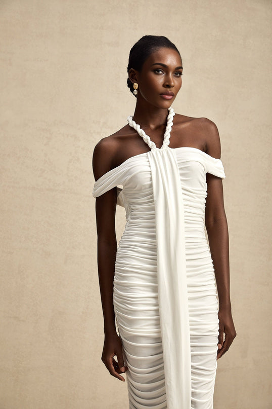Chloe White Midi Dress with Off-the-Shoulder Detailing and Braided Rope Accents