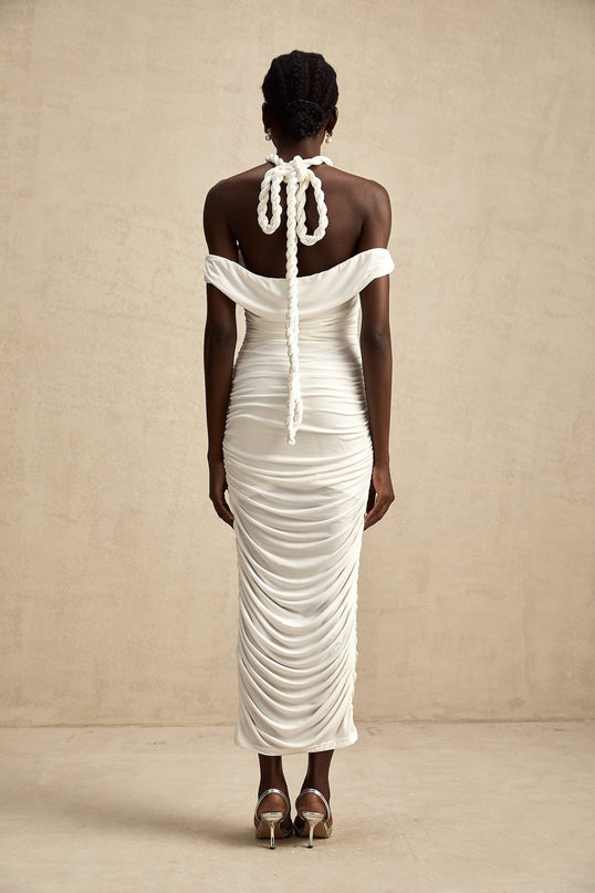 Chloe White Midi Dress with Off-the-Shoulder Allure and Braided Rope Detailing