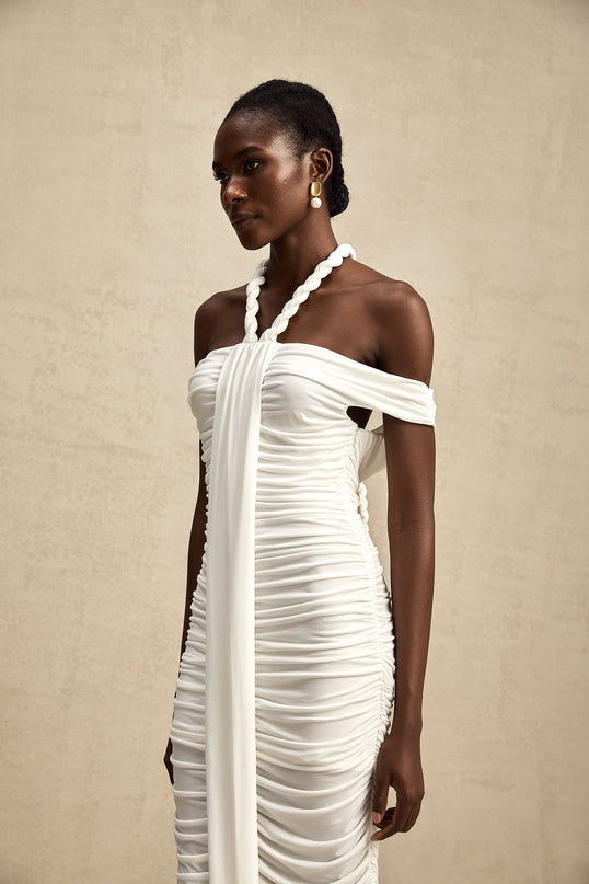 Chloe White Midi Dress with Off-the-Shoulder Detailing and Braided Rope Accent